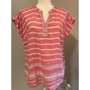 TALBOTS 100% Linen Pink White Stripe Cap Sleeve Tunic Top M